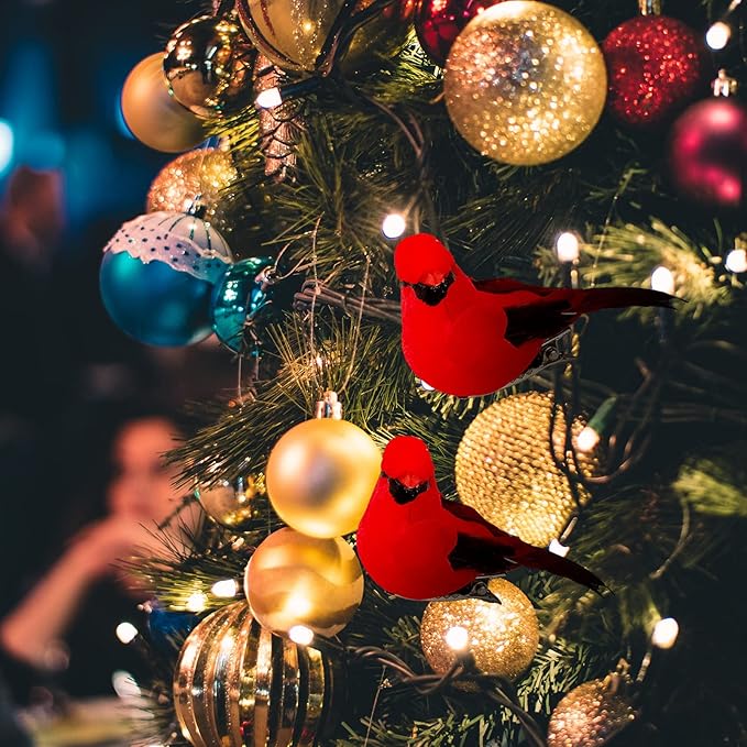 🐦🐦Christmas decoration red feather fake bird (with clip)