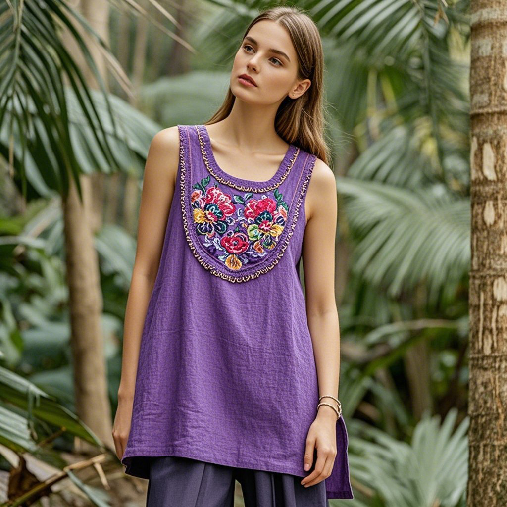 Women's Bohemian Floral Embroidered Linen Tank Top