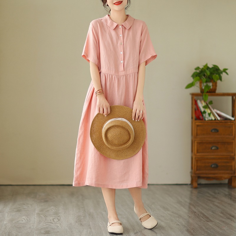 Solid Color Cotton Linen Lapel Midi Dress