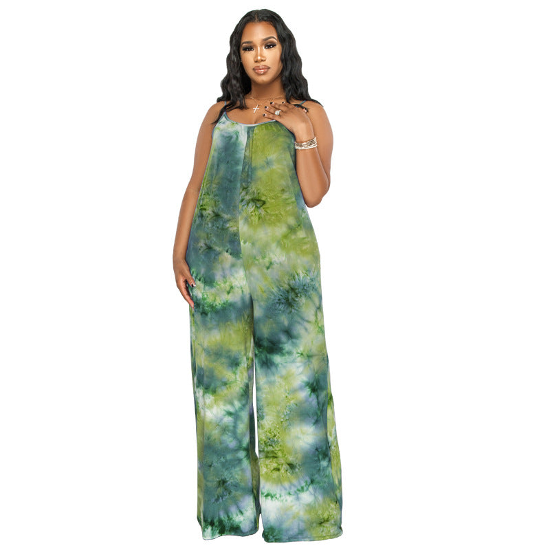 Plus Size New Tie-Dyed Printed Sling Casual Pants Straight Stylish Loose Jumpsuit