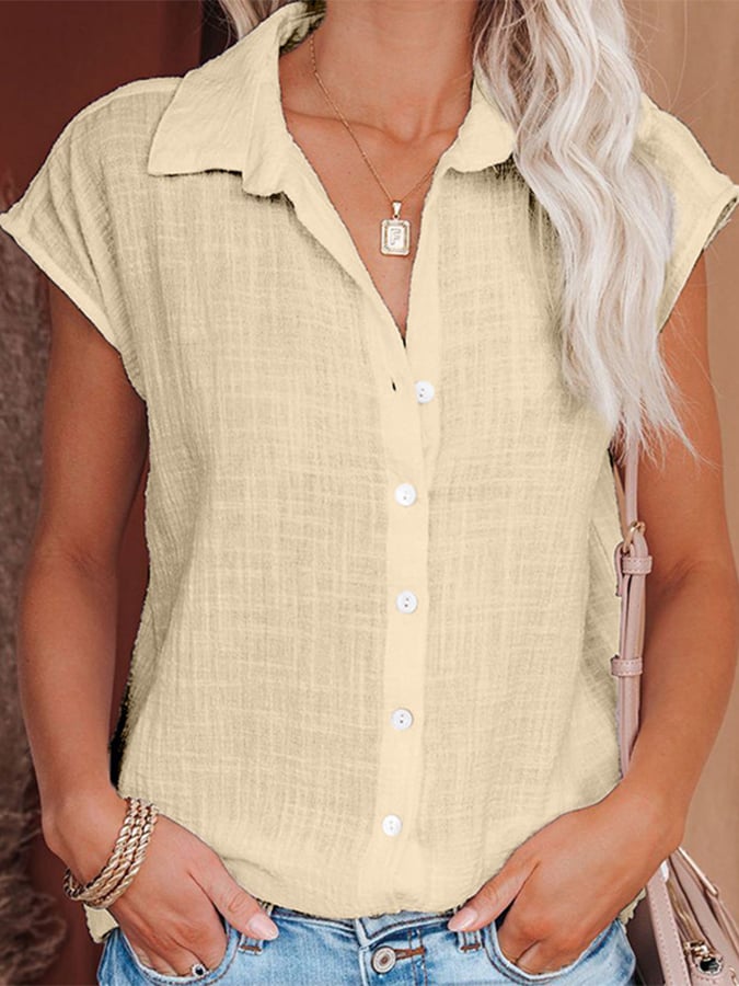 Ladies Cotton Linen Casual Solid Color Single Breasted Shirt
