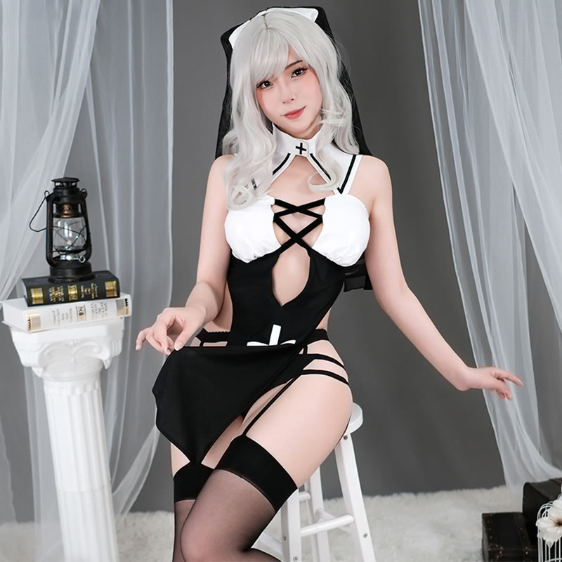 Nun Cross Hollow Out Slit Lingerie Dress Set