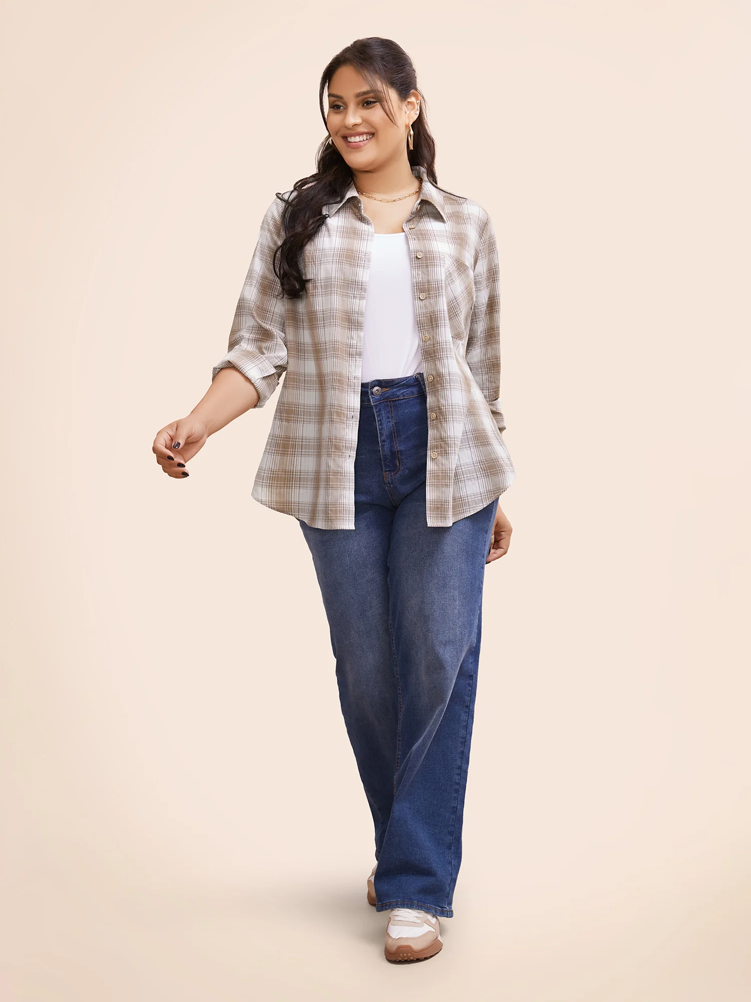 Plaid Shirt Collar Patch Pocket Blouse