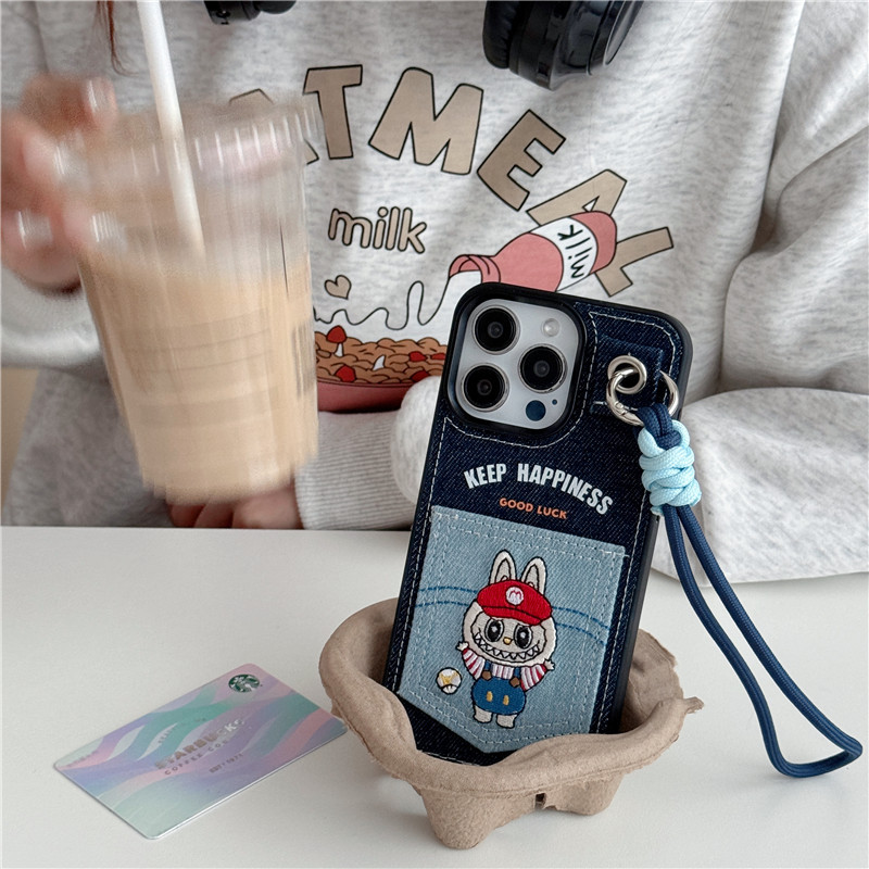 Labubu denim embroidery 3D pocket card slot phone case for iphone