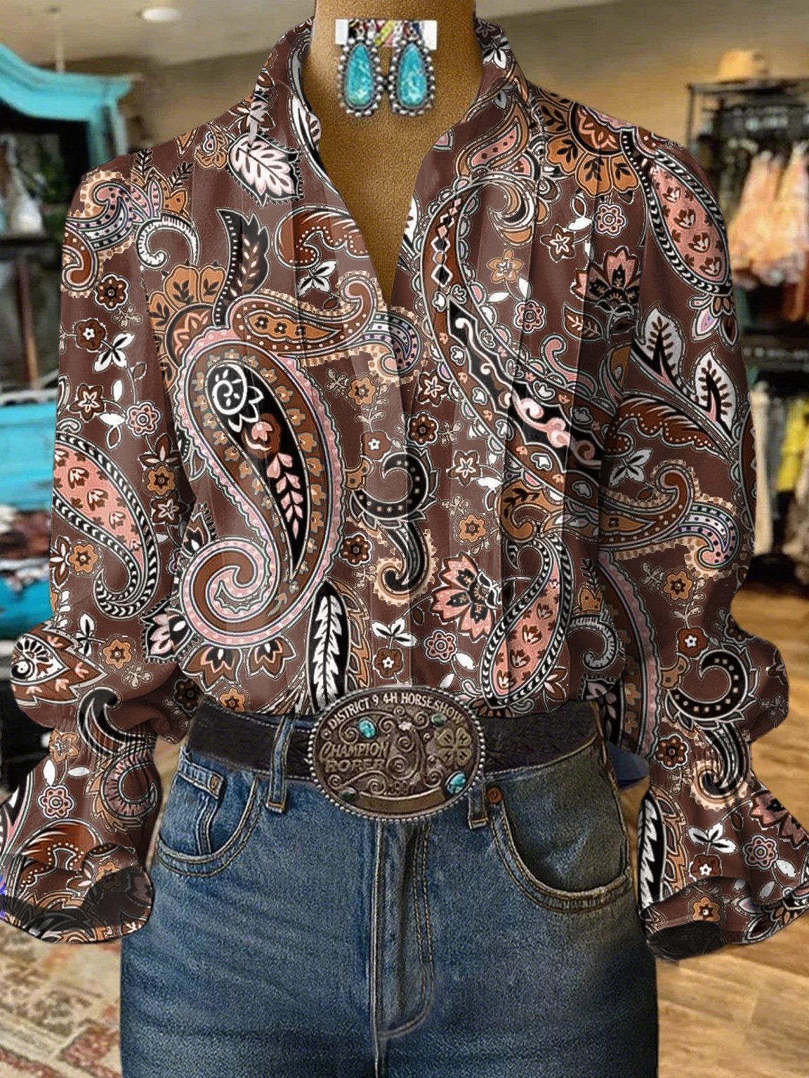 Women's Casual Western Puff Sleeve Patterned Shirt