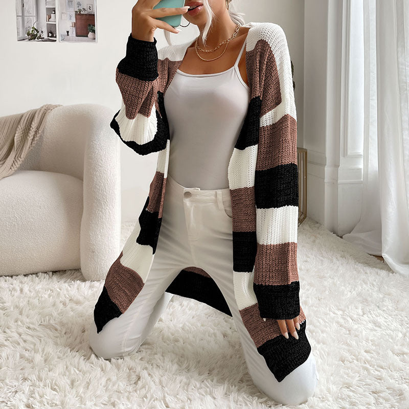 Graceful and Fashionable Women's Colorblock Sweater Coat without Buttons