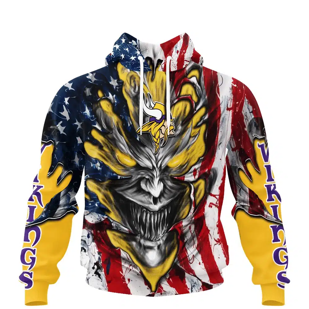 MINNESOTA VIKINGS DEMON FACE AMERICAN FLAG-3D UNISEX HOODIE
