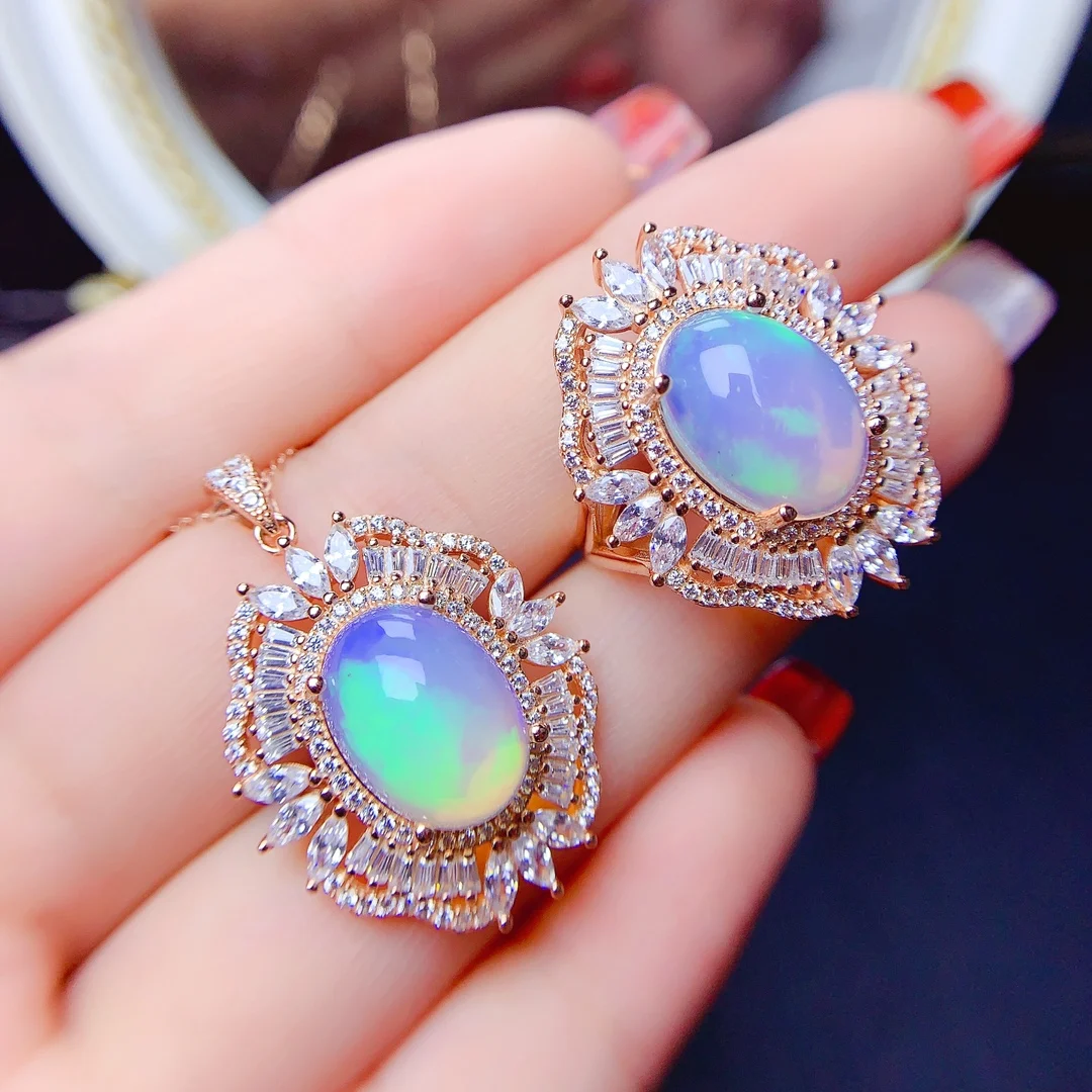 S925 Sterling Silver New Fashion elegant opal Jewelry Set women cubic zircon necklace pendant bridal wedding party gift