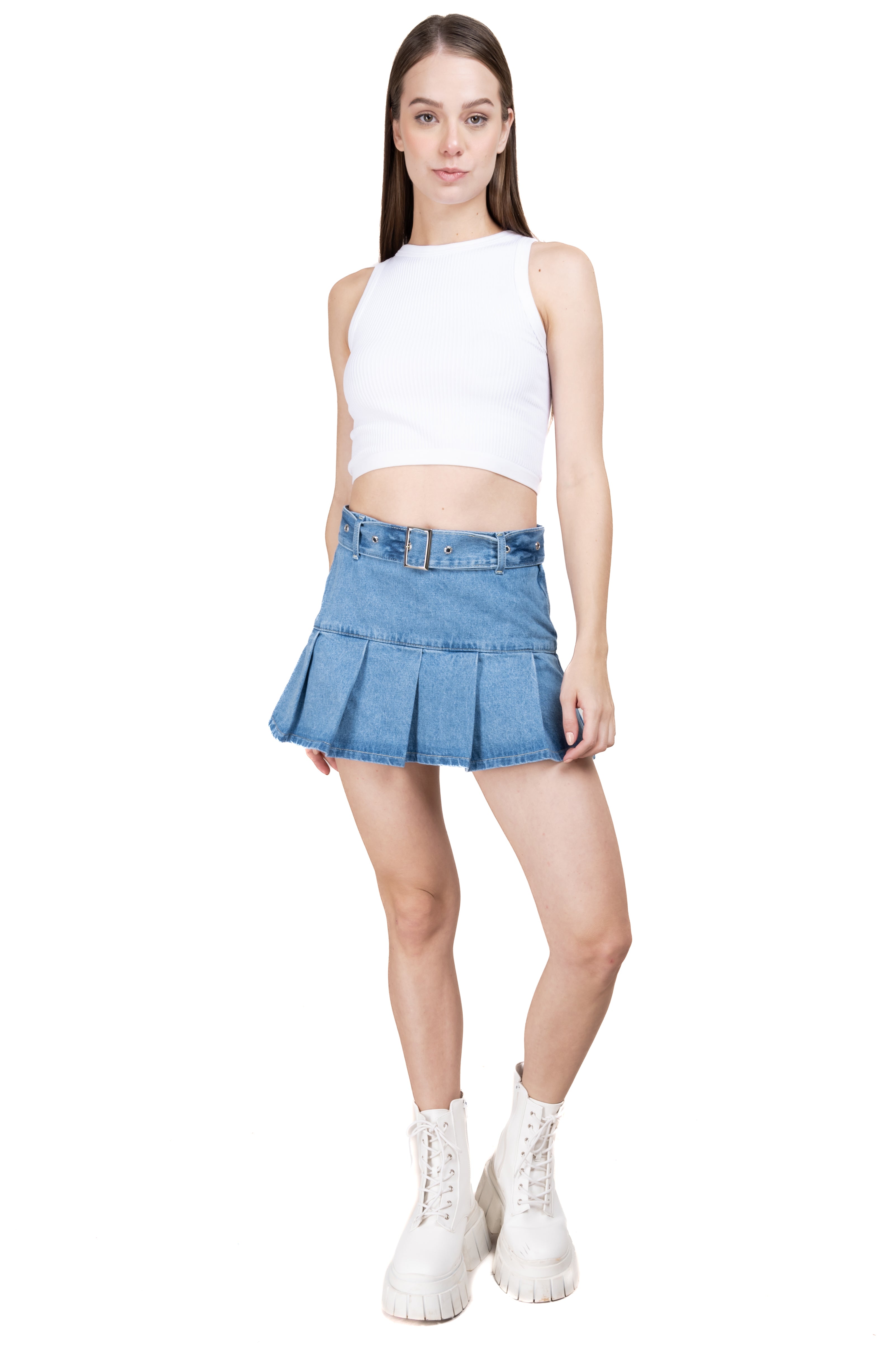 Pleated denim mini skirt