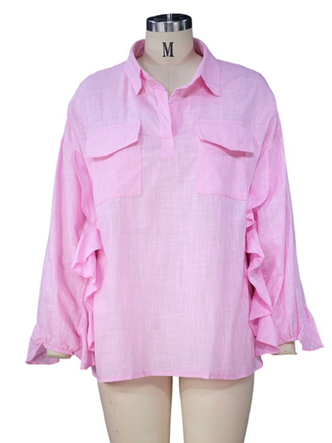 Women's Solid Color V-Neck Ruffled Sleeve Design Casual Cotton And Linen Shirt