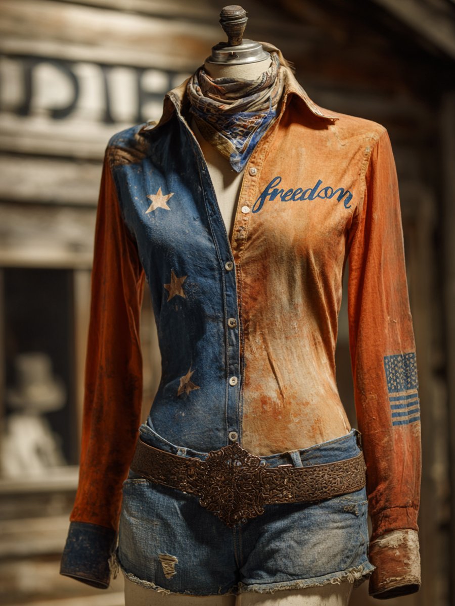 Women's Vintage Freedom Print Western Long Sleeve Shirt