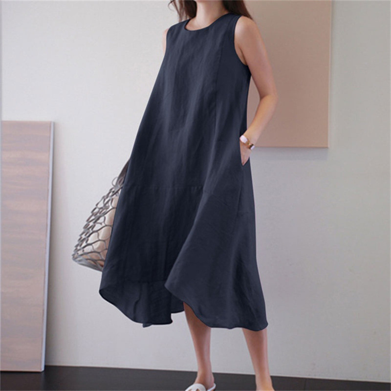 Solid Color Round Neck Tank Midi Dress