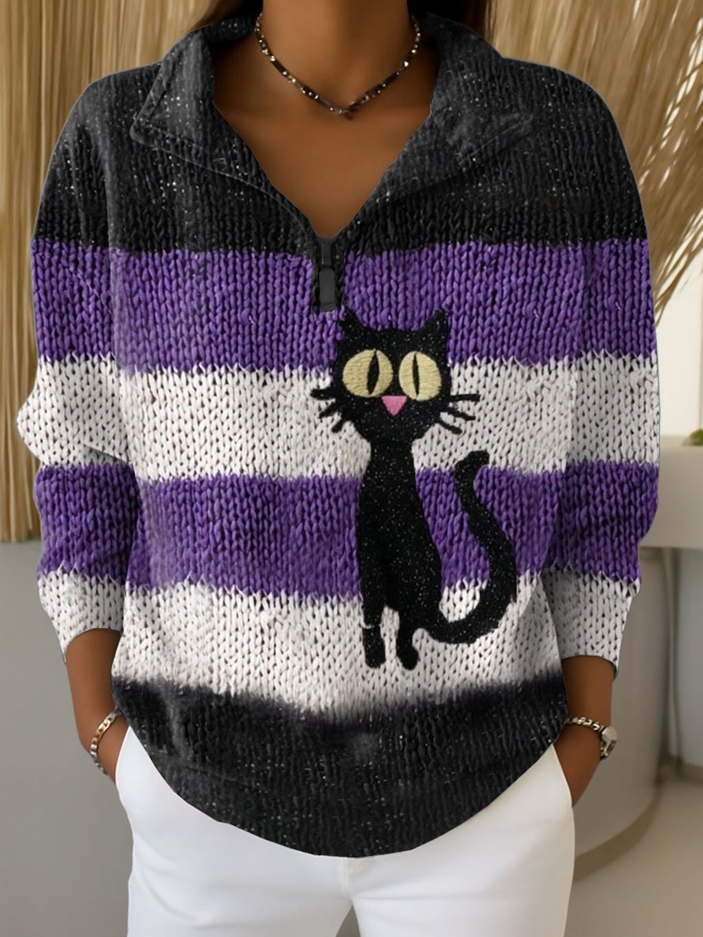Women's Retro Animal Cat Print Zipper Sweatshirt