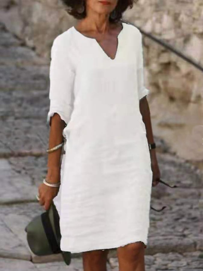 Women's Fashion Cotton Linen Solid Color Slim Fit V-Neck Mid-Sleeve Dress