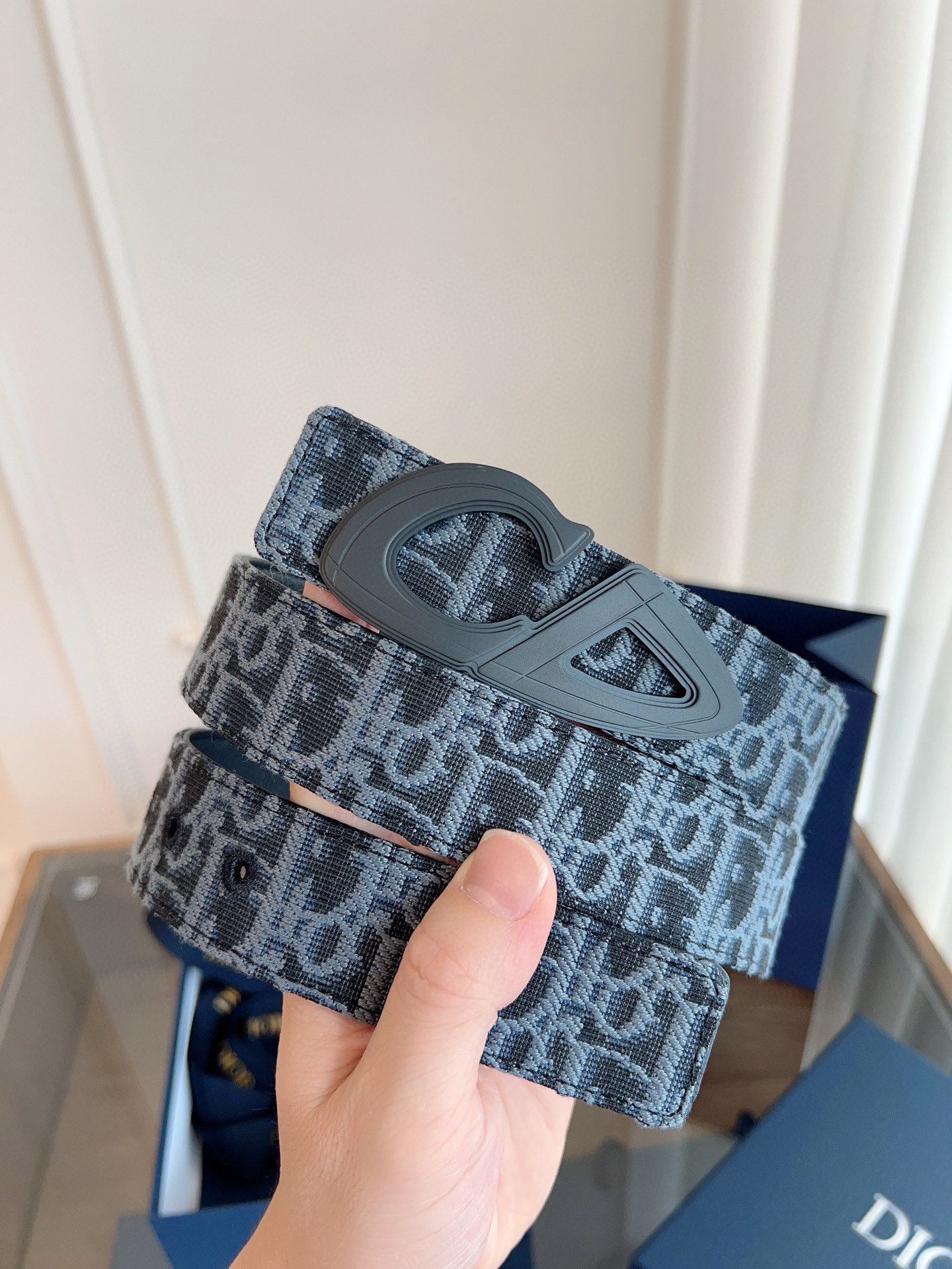 Dior Oblique light blue cloth and black cowhide leather belt width 3.5cm