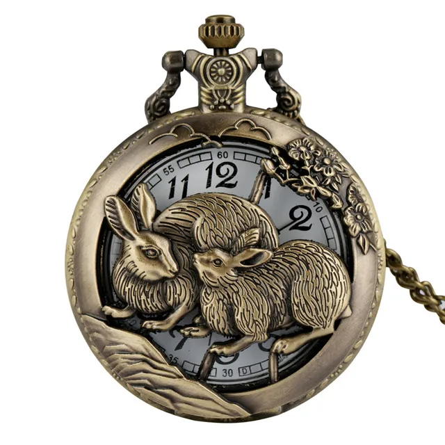 Bronze Hollow Out Chinese Twelve Zodiac Design Animal Quartz Pocket Watch for Men Women with Necklace Chain Gift reloj
