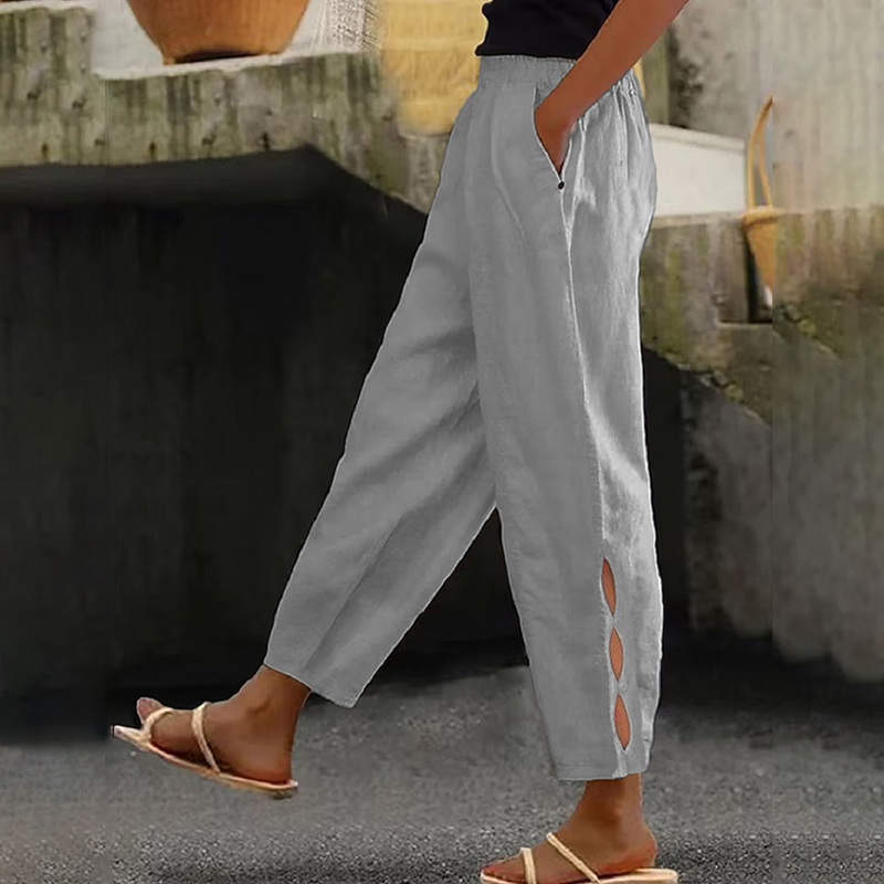 Women's Vintage Hollow Design Solid Color Linen Casual Pants