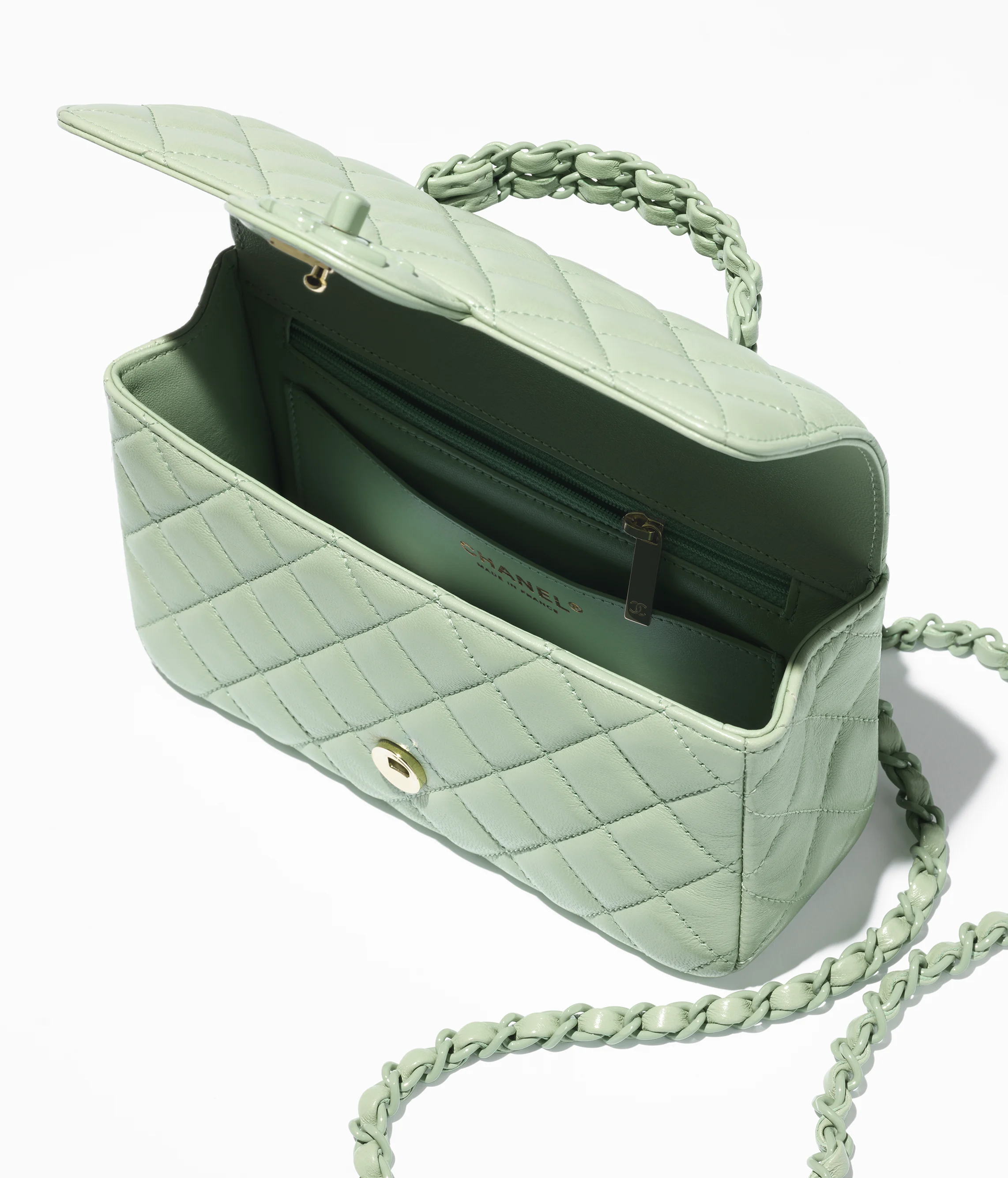 Chanel Mini Flap Bag with Top Handle Lambskin & Lacquered Metal Light Green AS5243-B18687-NM369