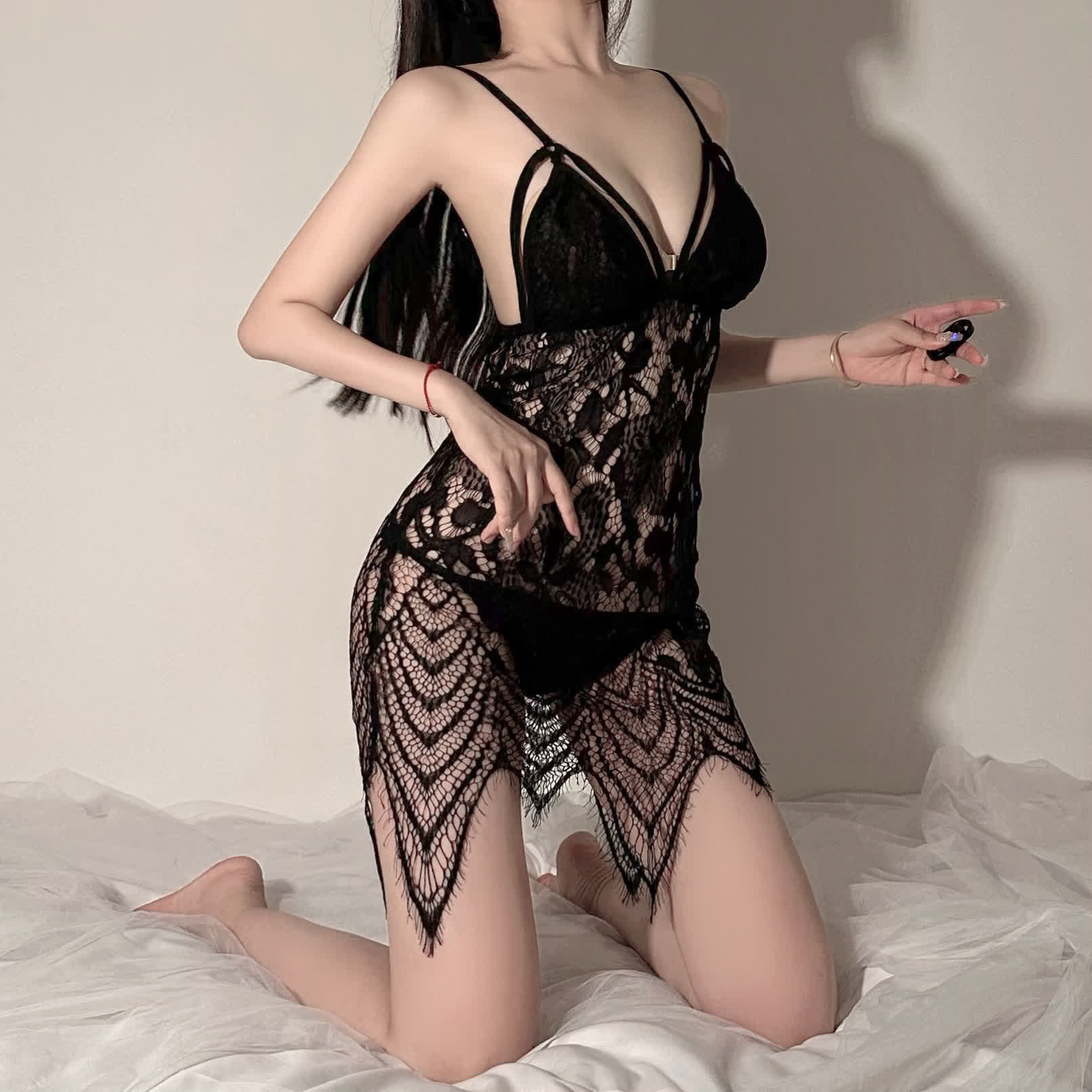 V-neck Lace Hollow Out Lingerie Slip Dress