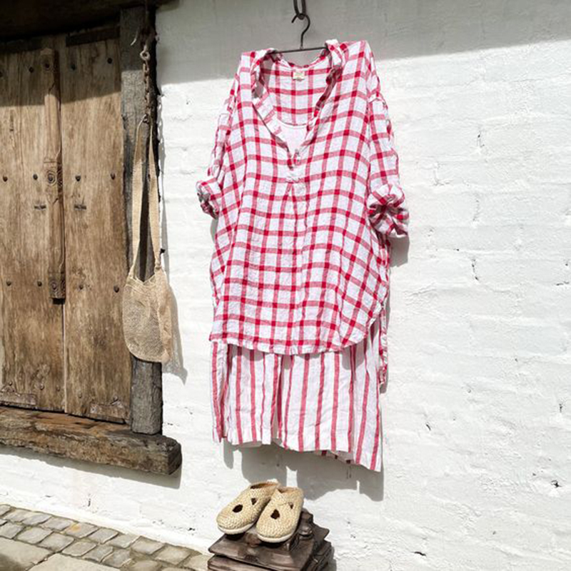 Loose Cotton Linen Plaid Shirt