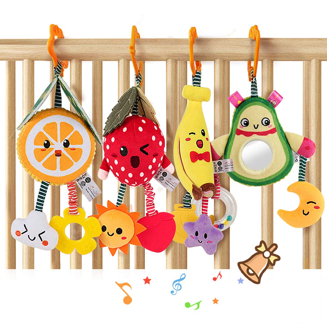 Juguetes de bebé para 3, 6, 9, 12 meses, sonajeros de frutas colgantes, aguacate, plátano, naranja y fresa, juguetes móviles para cochecito, sonajeros suaves de felpa para niños, regalos de Navidad para niñas, paquete de 4