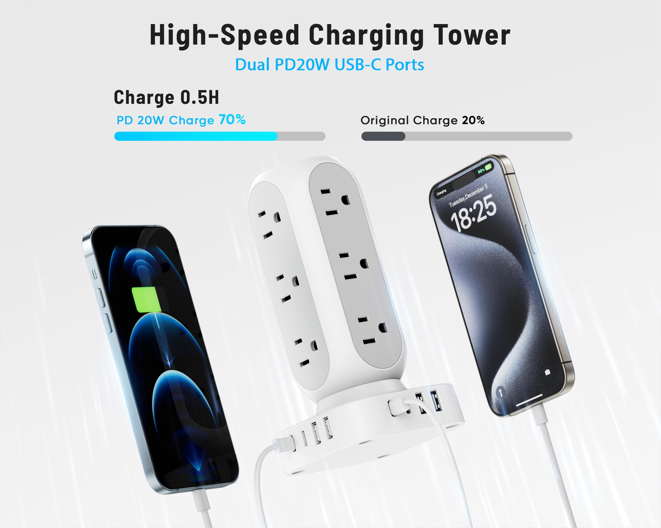🔥Last Day 49% OFF🔥Flat Plug Power Strip Tower, 10FT 40W Total Fast Charging Station