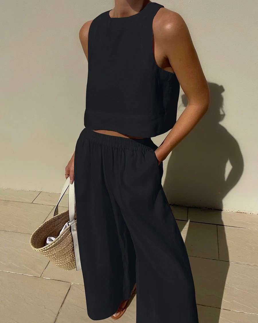 Women'S Casual Solid Color Cotton And Linen Two-Piece Suit