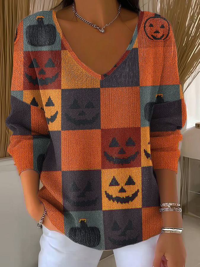 🔥Buy 3 Get 10% Off🔥Women's Patchwork Pumpkin Art Print Long Sleeve Top
