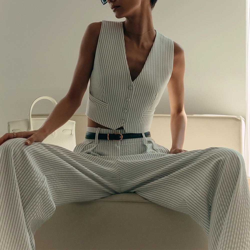 Women's Striped Vest and Straight Trousers Suit