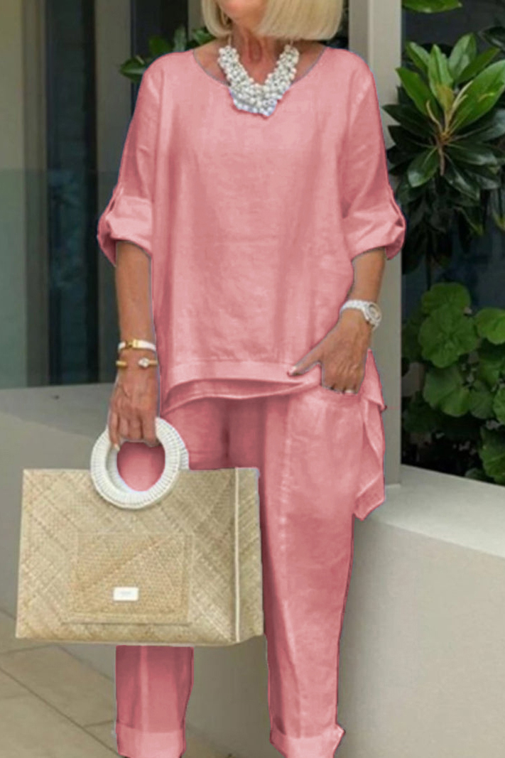 Casual Cotton Linen Solid Two Piece Set