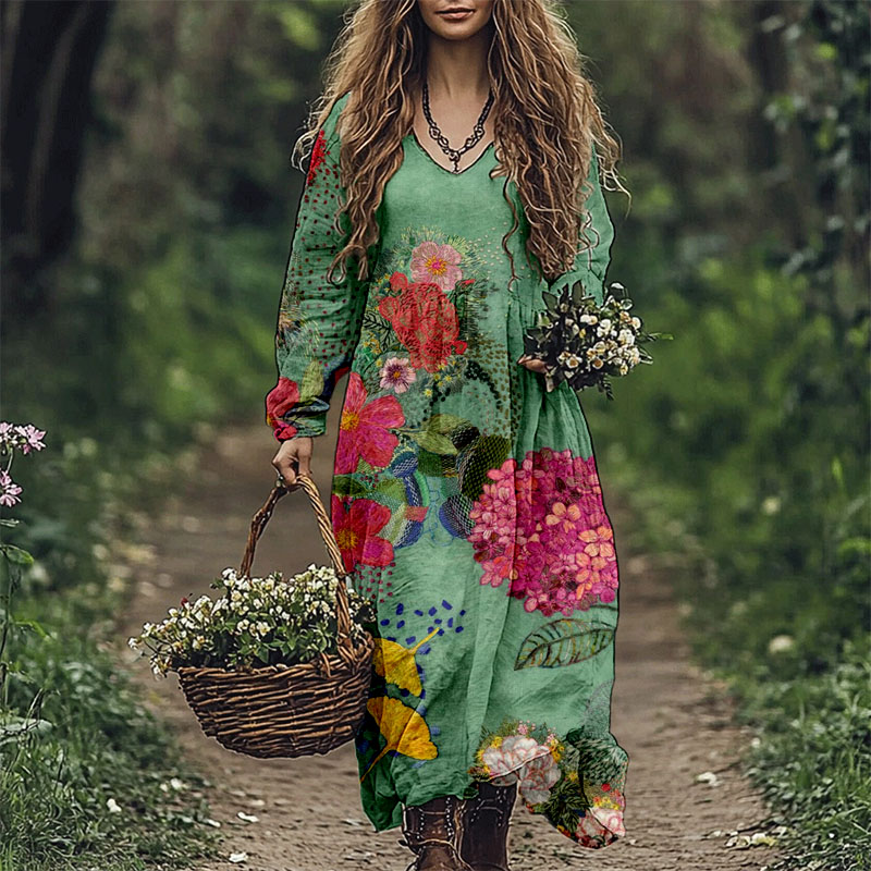 Vintage Flowers Embroidered Linen Blend Maxi Dress