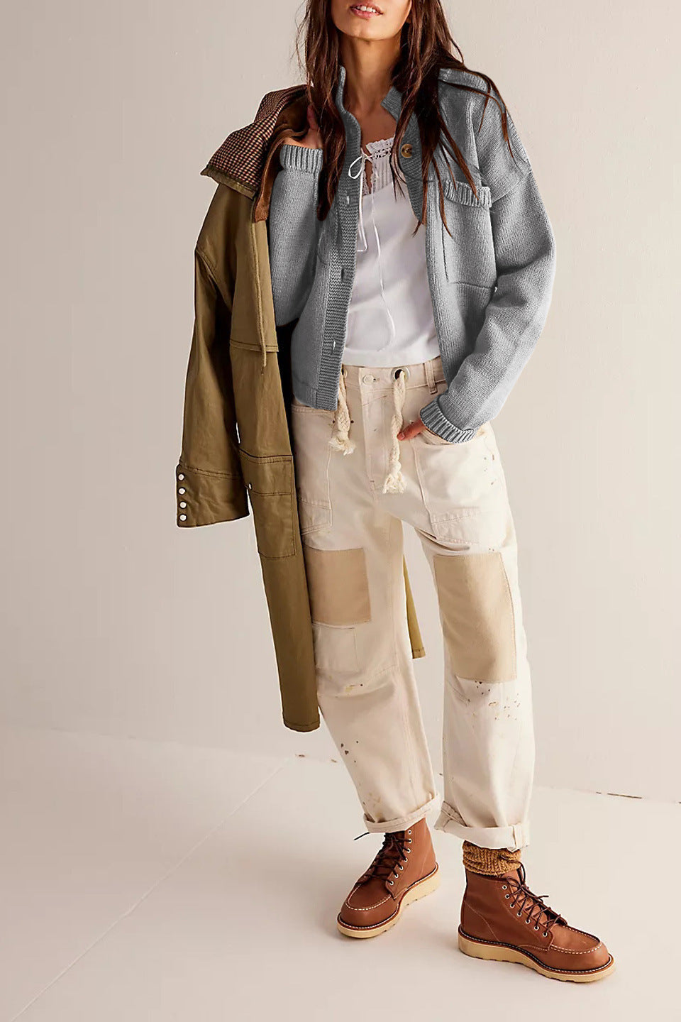 Women's Knitted Coat with Stand Collar – Solid Color Cardigan Sweater