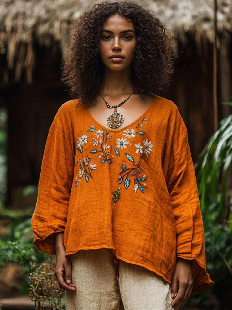 Retro Bohemian Floral Art Embroidery Print Cotton And Linen Blend Loose Blouse