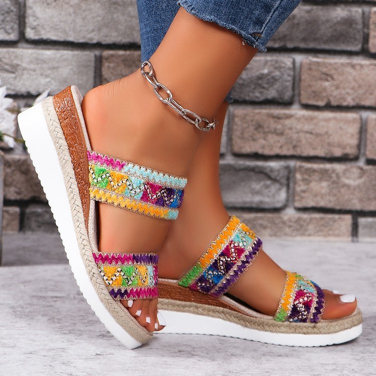Ethnic Style Woven Sandals: Casual Summer Linen Bottom Slippers with Wide Strap Wedges for Women
