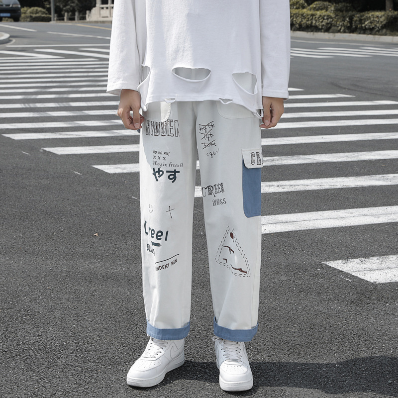 Autumn graffiti jeans straight-tube loose fashion designer overalls Korean fashion casual pants