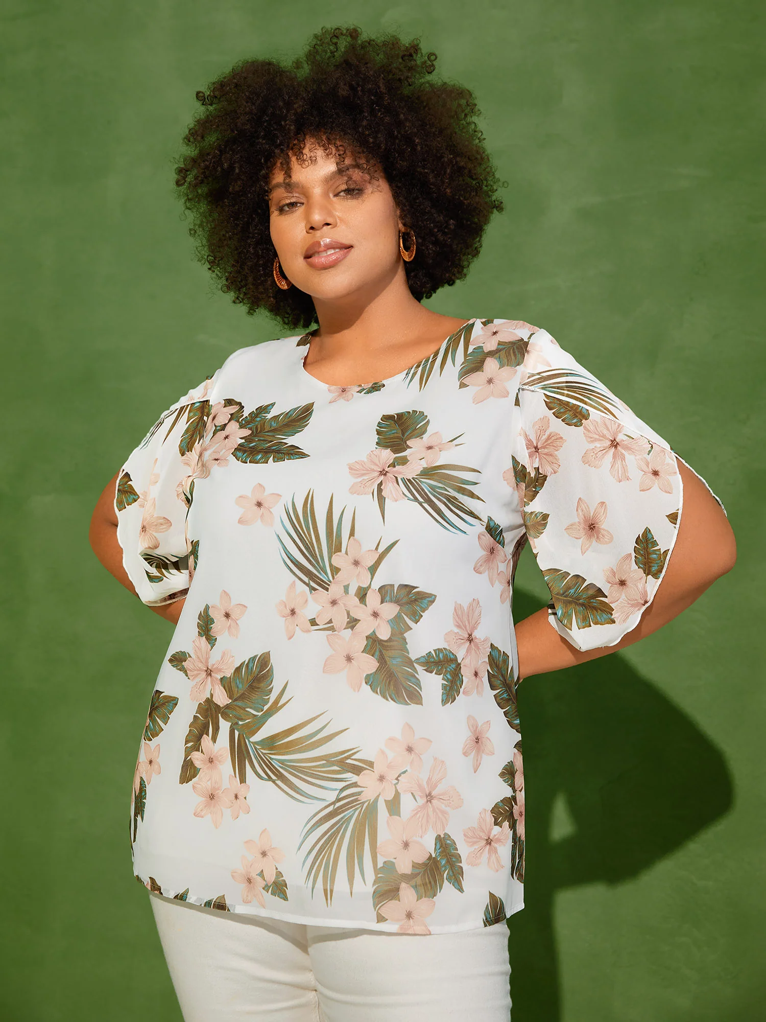 Petal Sleeve Floral Round Neck Shirt