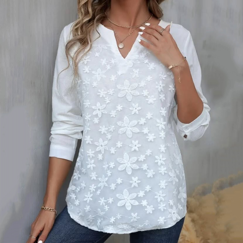 Elegant Lace Embroidery Art Long Sleeve V-neck Shirt