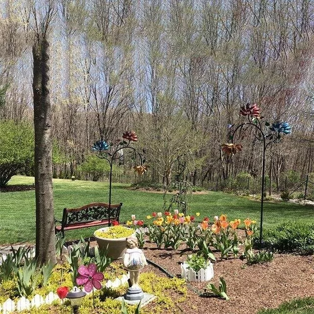 Large Metal Wind Spinner with Three Spinning Flowers and Butterflies