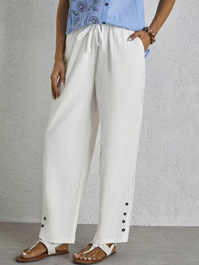 Casual Elegant Lace-Up With Pockets Buttons Lace Side Cotton Linen Trousers