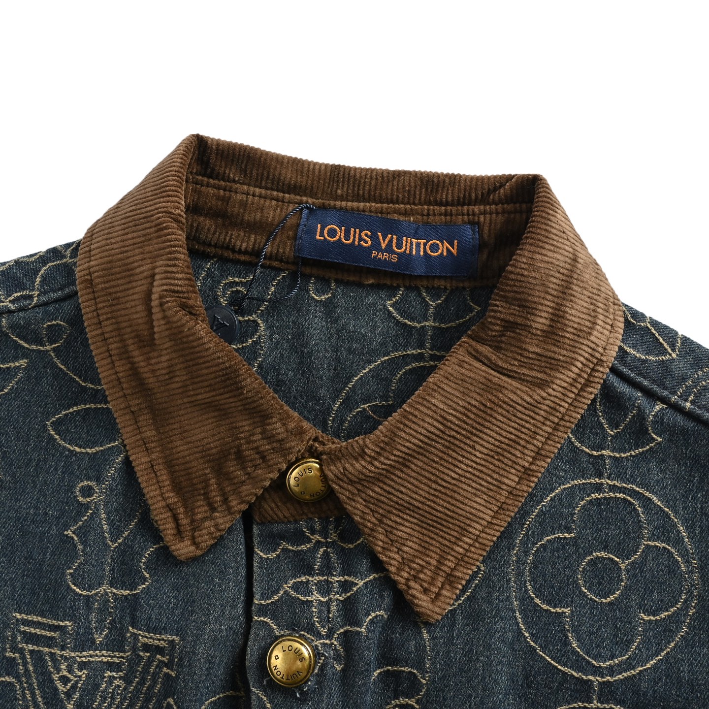 Louis Vuitton 25ss gold thread vine embroidered denim short sleeve shirt