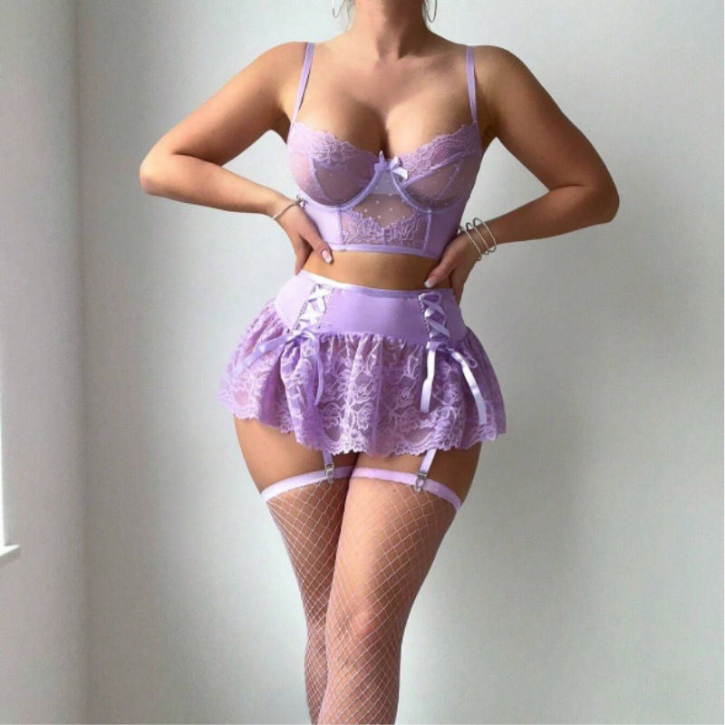 See-through mesh bow lace skirt sexy backless lingerie set