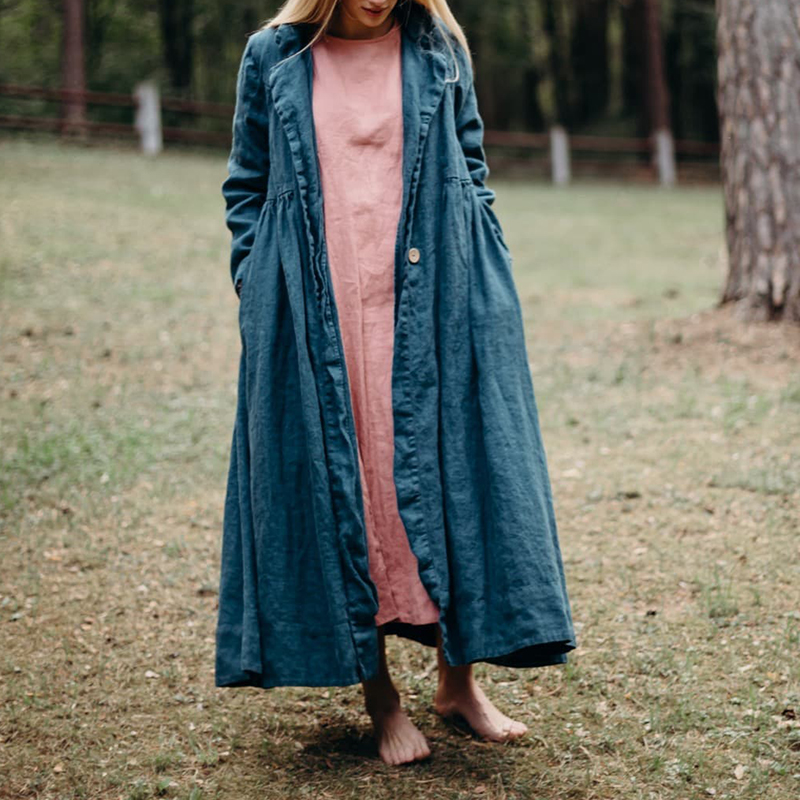 Vintage Lapel Solid Button Linen Cotton Comfy Long Coat