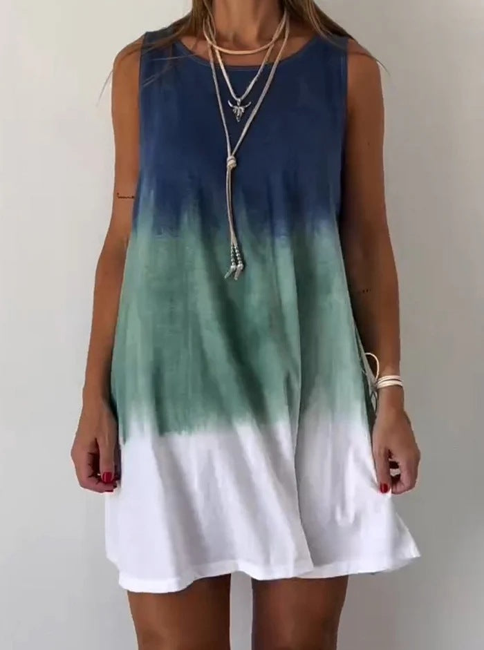 Women Internet Celebrity Summer Tie Dyed Printed Sleeveless Loose Dress