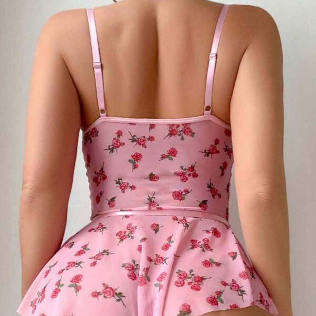 Bow-trimmed lace mesh print backless see-through bodysuit lingerie set