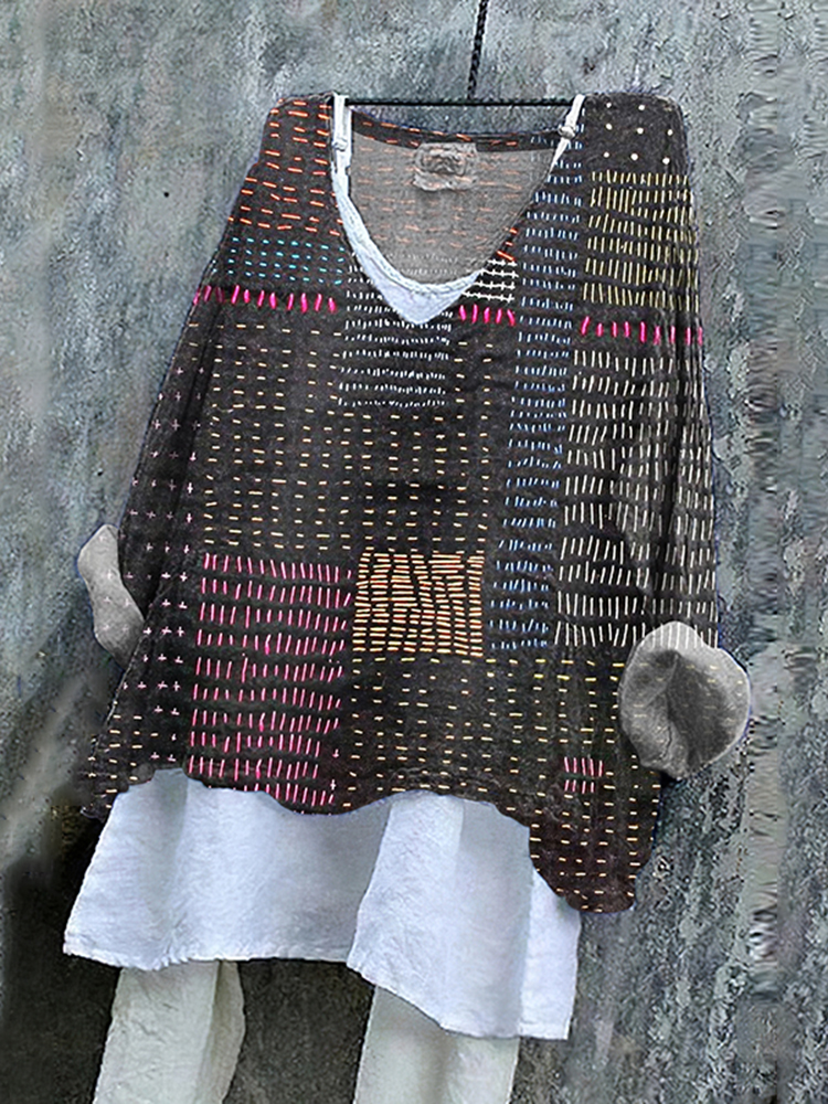 Women's Japanese Style Stitch Art Pattern Vintage Linen Shirt