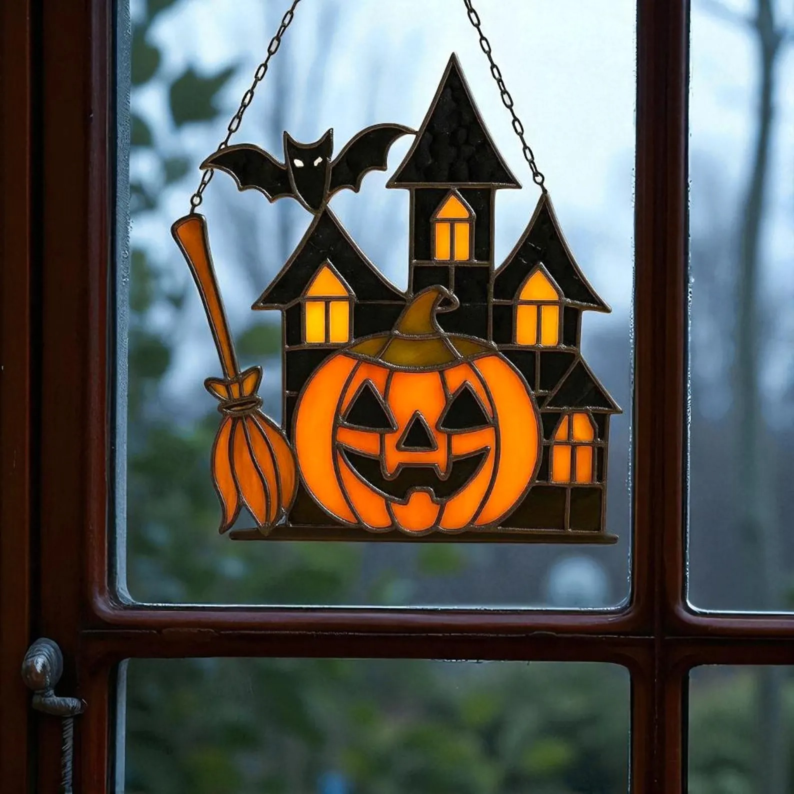 💥ON SALE💥Stained Glass Halloween Pumpkin Haunted House Suncatcher