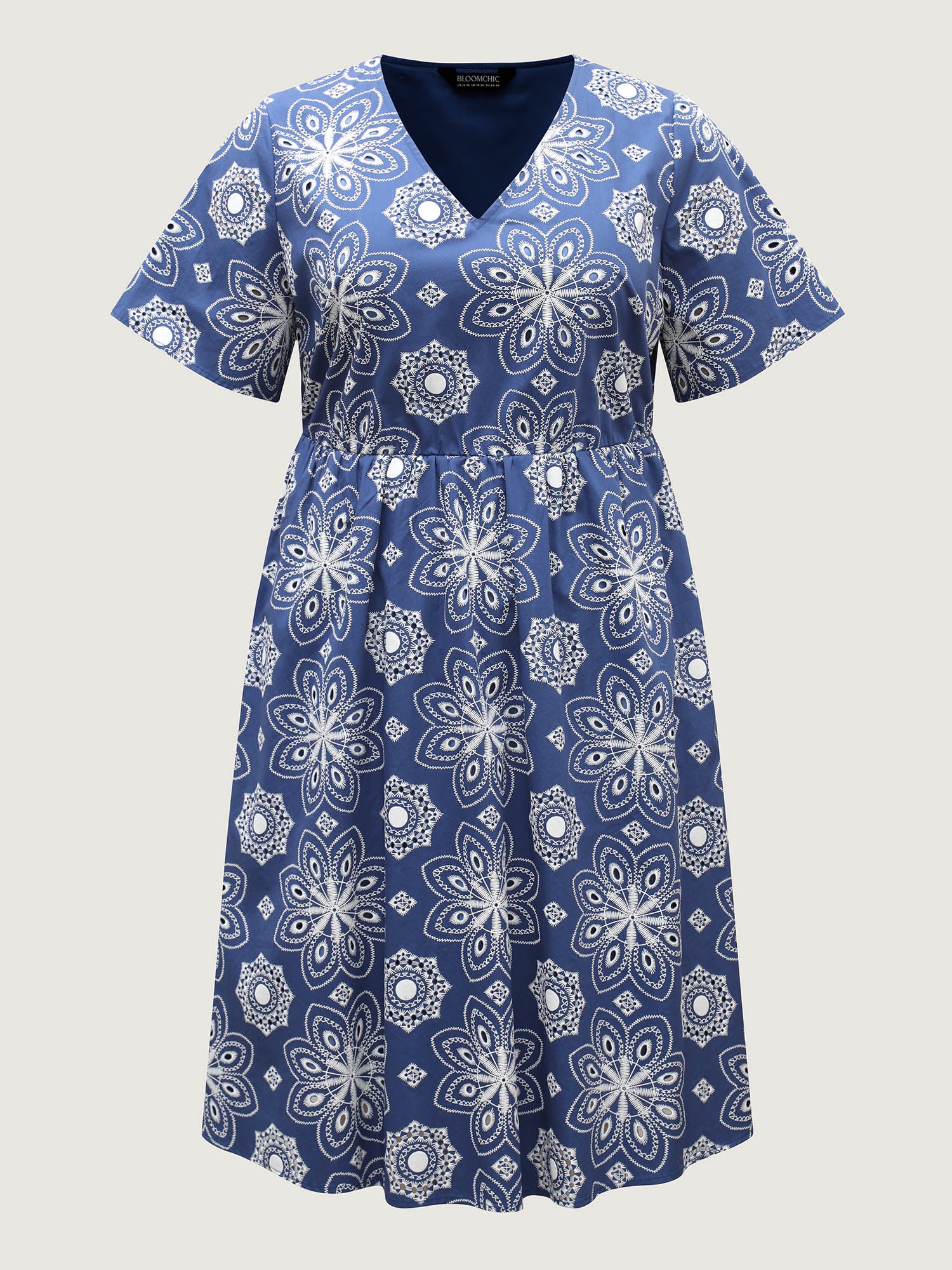 Cotton Large Floral Print Textured Pockets Midi Dress