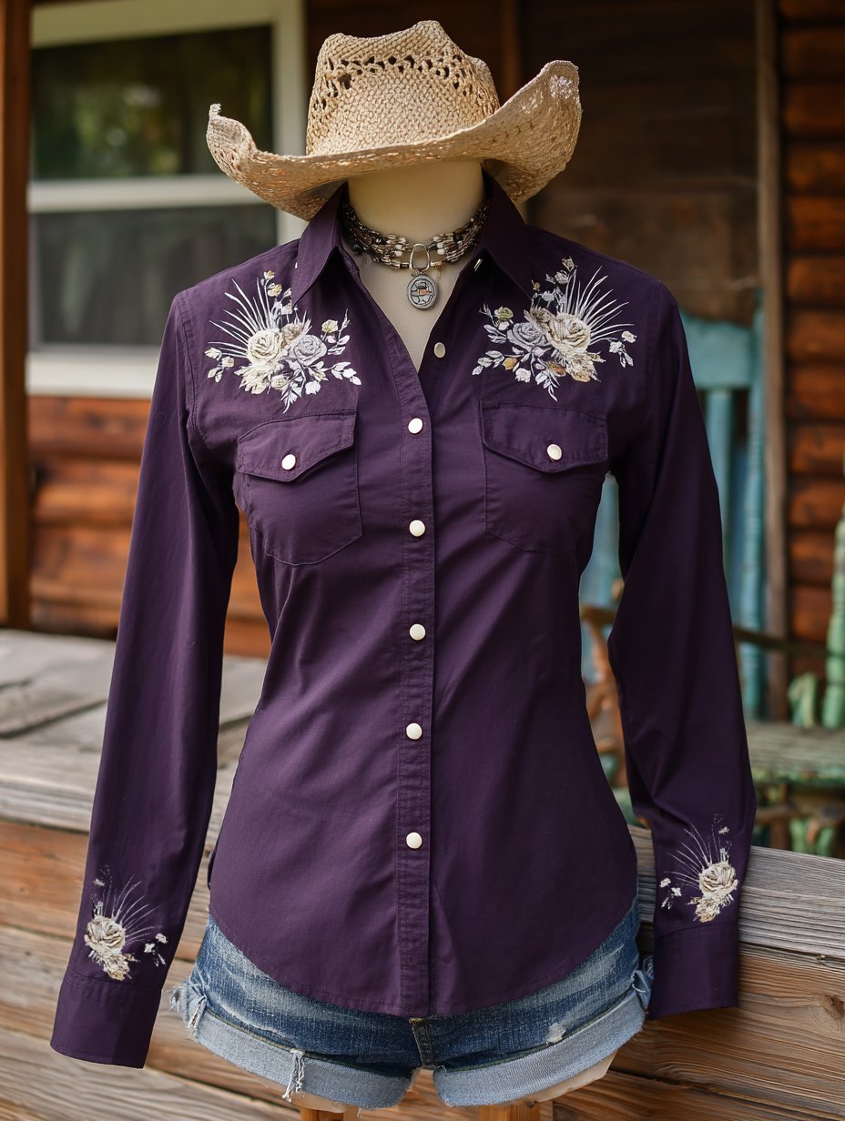 Women's Vintage Print Western Long Sleeve Double Pocket Shirt