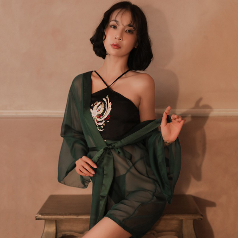 Vintage Phoenix Embroidery Hanfu See Through Lingerie Set