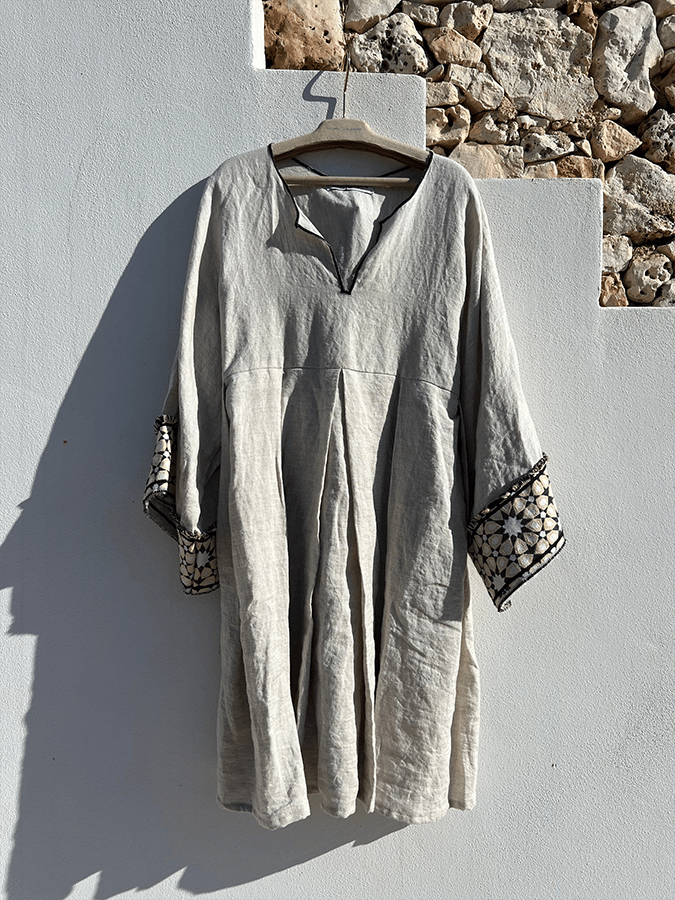Women's Contrast V-Neck Floral Design Cotton And Linen Dress